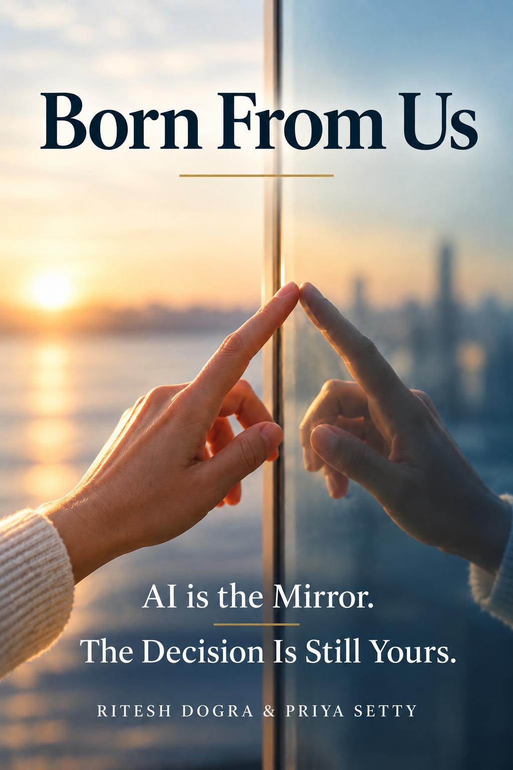 Cover of Born From Us: two hands almost touching at the fingertips, one real and one a reflection in glass, over a sunset city skyline. Title Born From Us, tagline AI is the Mirror. The Decision Is Still Yours, by Ritesh Dogra and Priya Setty.